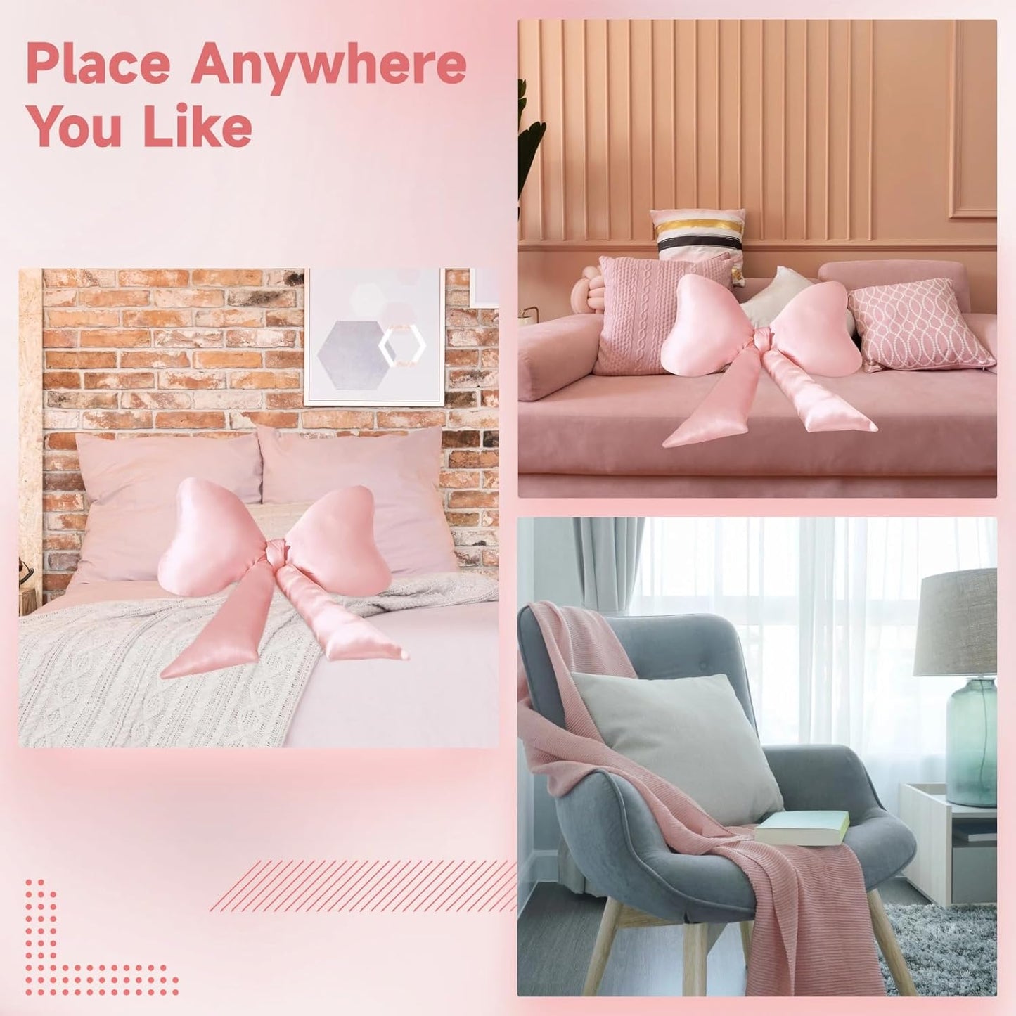 Homaisson Big Pink Bow Throw Pillow, Satin Breathable Neck Support Cushion, Smooth Encased Soft Filling, Decorative Bow Shaped Pillow for Enhanced Room Ambiance, 23.6×13.8"