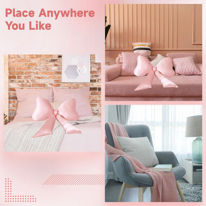 Homaisson Big Pink Bow Throw Pillow, Satin Breathable Neck Support Cushion, Smooth Encased Soft Filling, Decorative Bow Shaped Pillow for Enhanced Room Ambiance, 23.6×13.8"