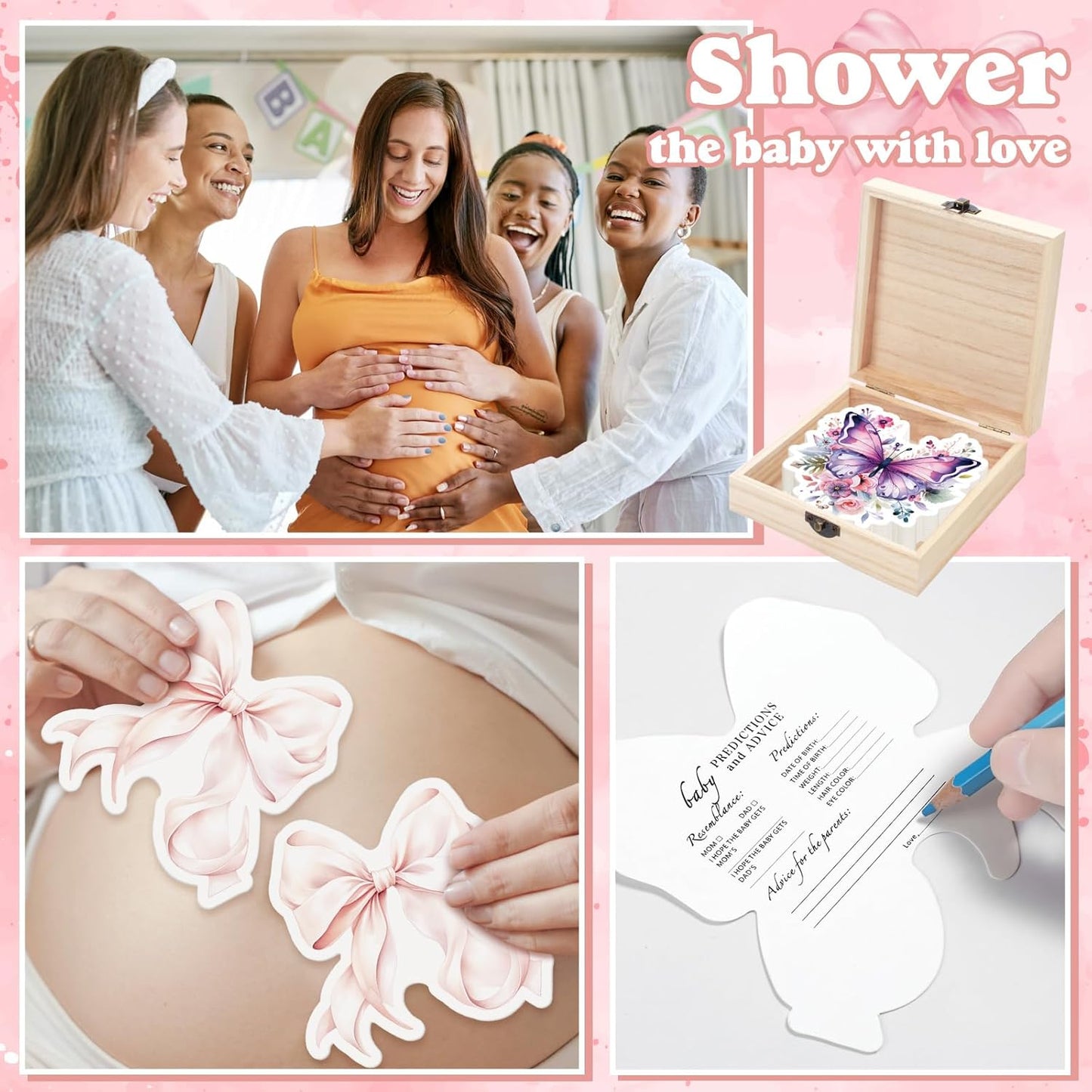 RattanView 50 Pcs Double Side Pink Bow Baby Shower Advice Cards for Baby Shower Games New Parents with Cards Wooden Keepsake Box for Wishes Decorations