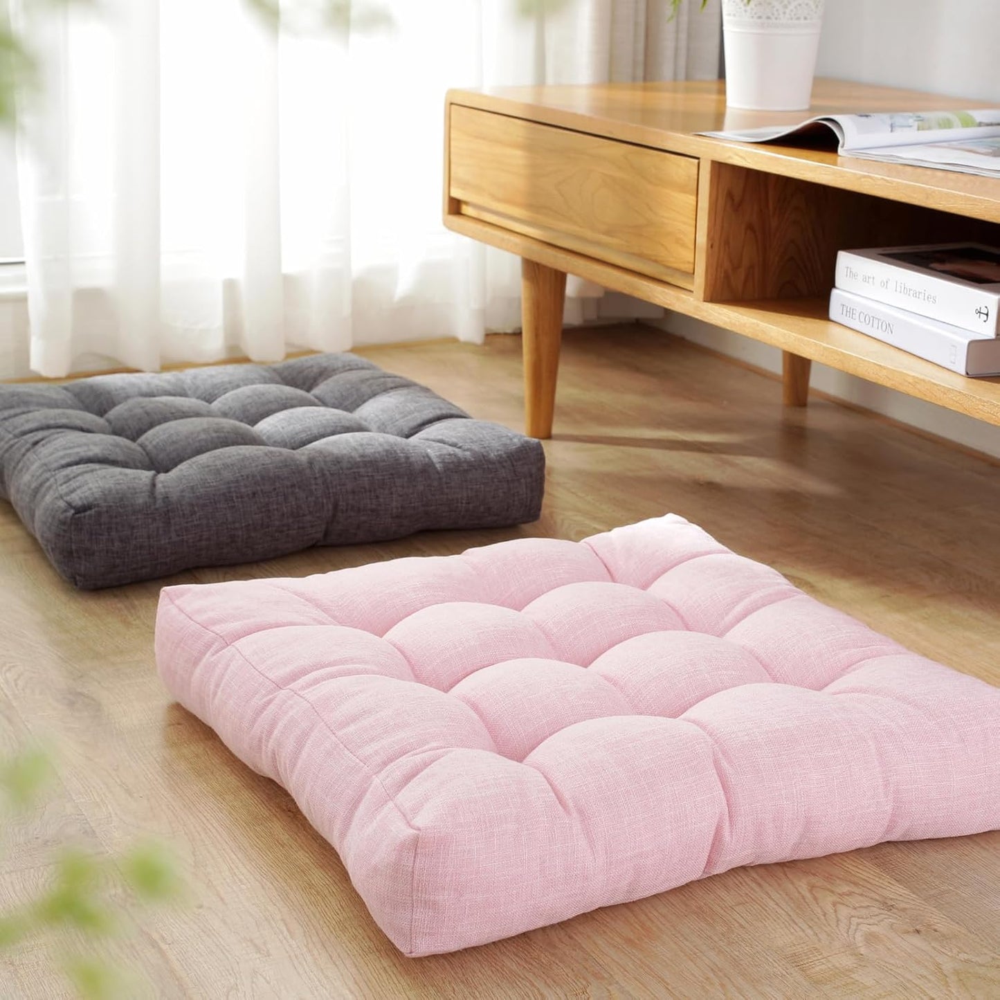 18x18x4 Inch Tufted Seat Cushion Cotton Linen Seat Cushions Non-Slip Chair Pad for Dining Room Kitchen Office Chairs (Pink,18"x18")