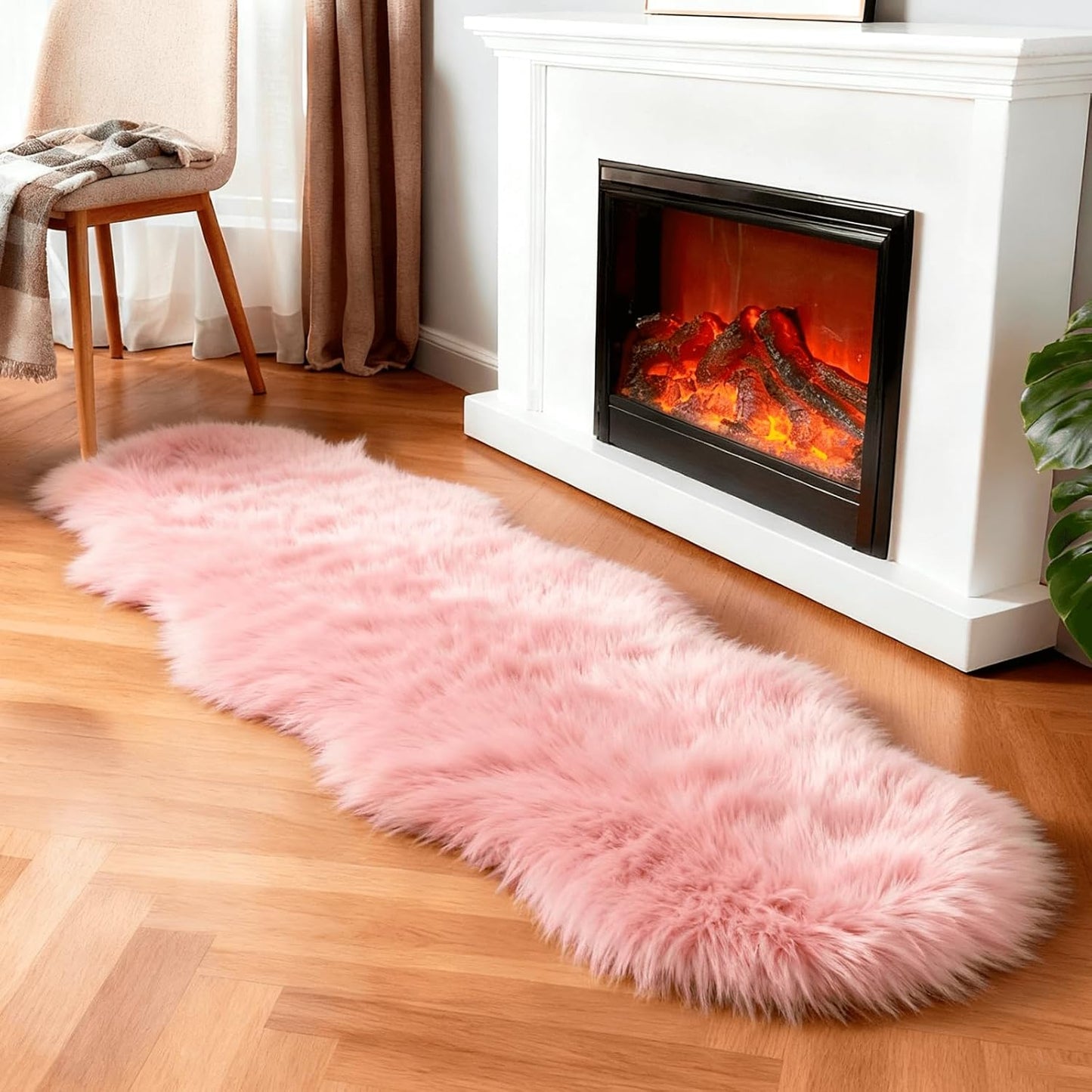 linmopm Faux Fur Rug Sheepskin Shag Fluffy Fuzzy Pink 2x6 ft Runner Rugs for Bedroom Bedside Bed Floor Living Room Plush High-Density Cushion Carpet Super Sofa Cover