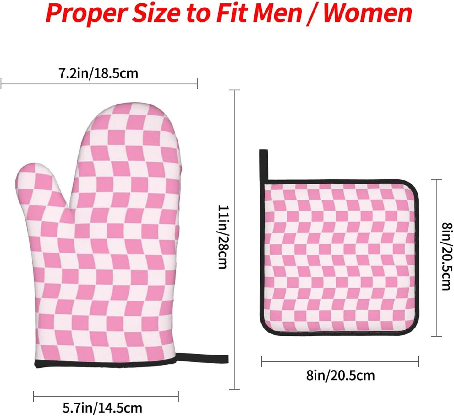 Pink Geometric Checkered Oven Mitts and Pot Holders Sets of 4, Non-Slip Heat Resistant Polyester Cooking Gloves Country Style Oven Mitts for Kitchen Baking Grilling BBQ