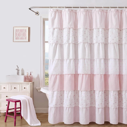 Frienda Pink and White Ruffle Shower Curtain 72 x 72'', Cotton Floral Farmhouse Shower Curtain with Tiered Ruffles, Vintage Cottagecore Bathroom Decor for Girls Bathroom, College Dorm(Without Hooks)