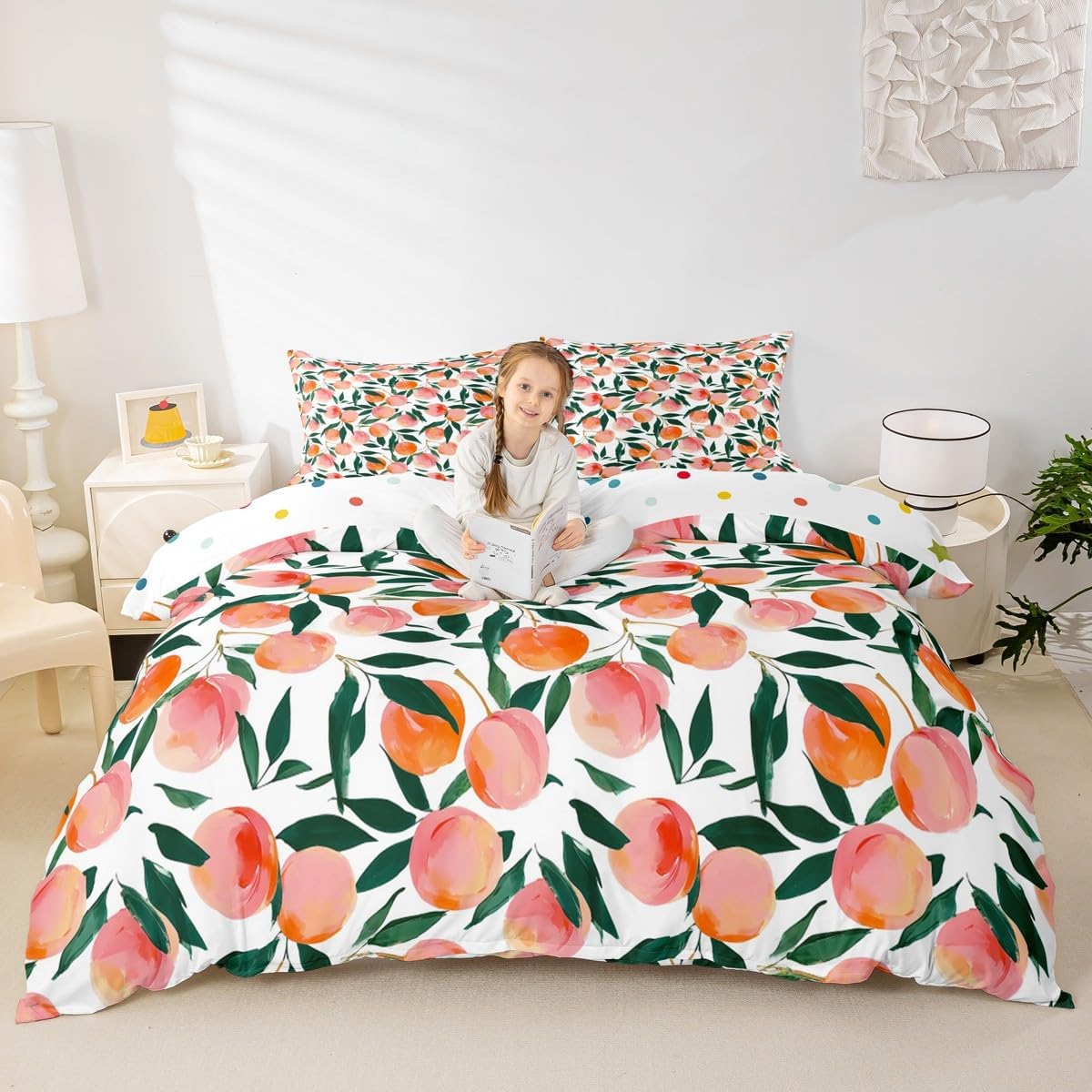 Erosebridal Kids Peach Comforter Cover,Oil Art Peach Duvet Cover Queen for Kids Teens Adults,Yummy Summer Fruit Bed Set,Cute Cartoon Fruit Bedding Set with 2 Pillowcases Bedroom Decor