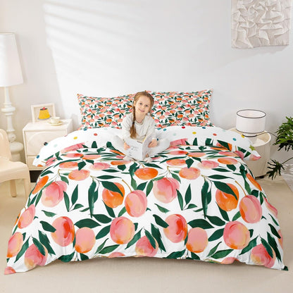 Erosebridal Kids Peach Comforter Cover,Oil Art Peach Duvet Cover Queen for Kids Teens Adults,Yummy Summer Fruit Bed Set,Cute Cartoon Fruit Bedding Set with 2 Pillowcases Bedroom Decor