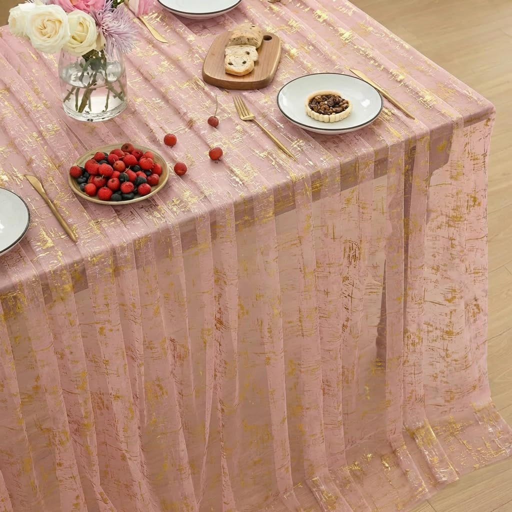 Horaldaily Pink Gold Gauze Tablecloth 60x84 Inch Rectangular, Golden Glitter Metallic Foil Thin Mesh Table Cover, Sheer Tulle Cheesecloth for Wedding Baby Shower Party
