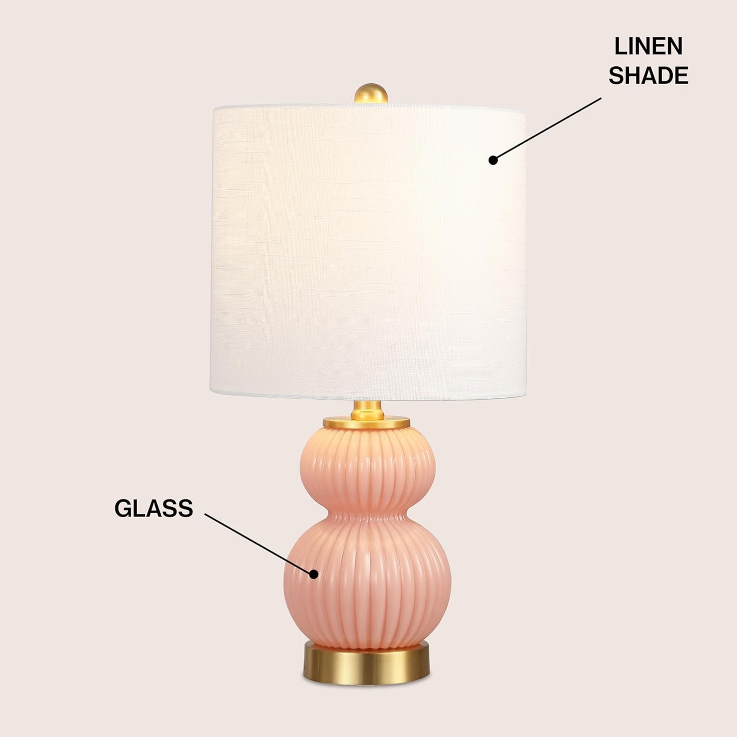 JONATHAN Y 20" Pink/Brass Gold Ribbed Gourd Glass Table Lamp, Modern Bedside Lamp for Bedroom Living Room, White Linen Drum Shade, LED Bulb Included (JYL1099B)