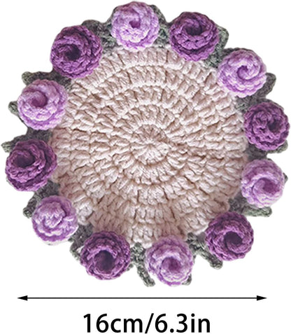 2 PCS Finished Rose Bouquet Coaster Flower Bouquet Blanket Coasters, Tabletop Flowers Mini Handmade Crochet Rose Romantic Knitted Gift for Girls Mom for Birthday (Pink)
