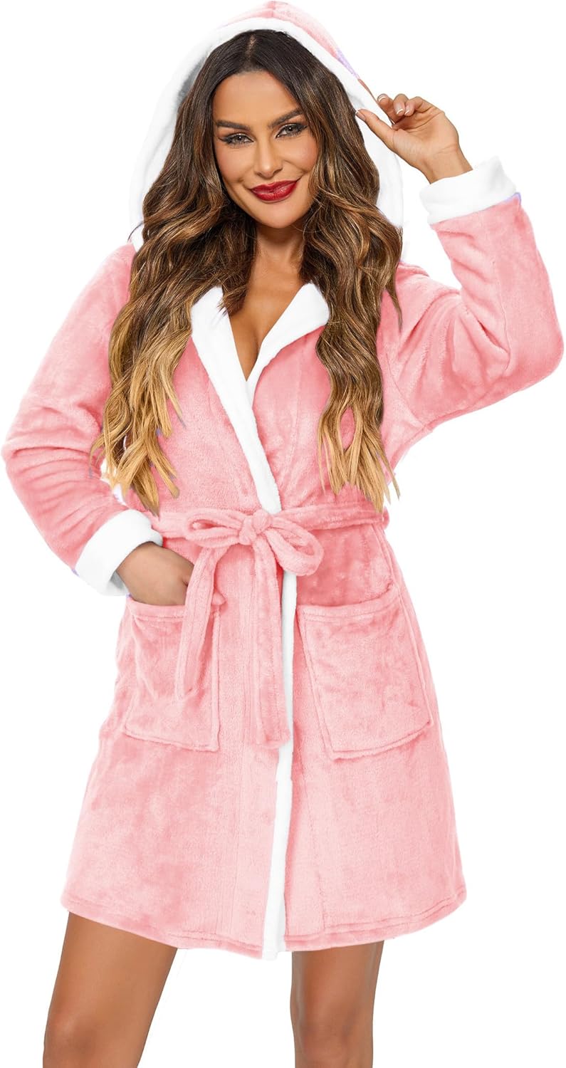 HOTOUCH Womens Hooded Bathrobe Fleece Robe Super Soft Plush Robe Velour Bathrobe