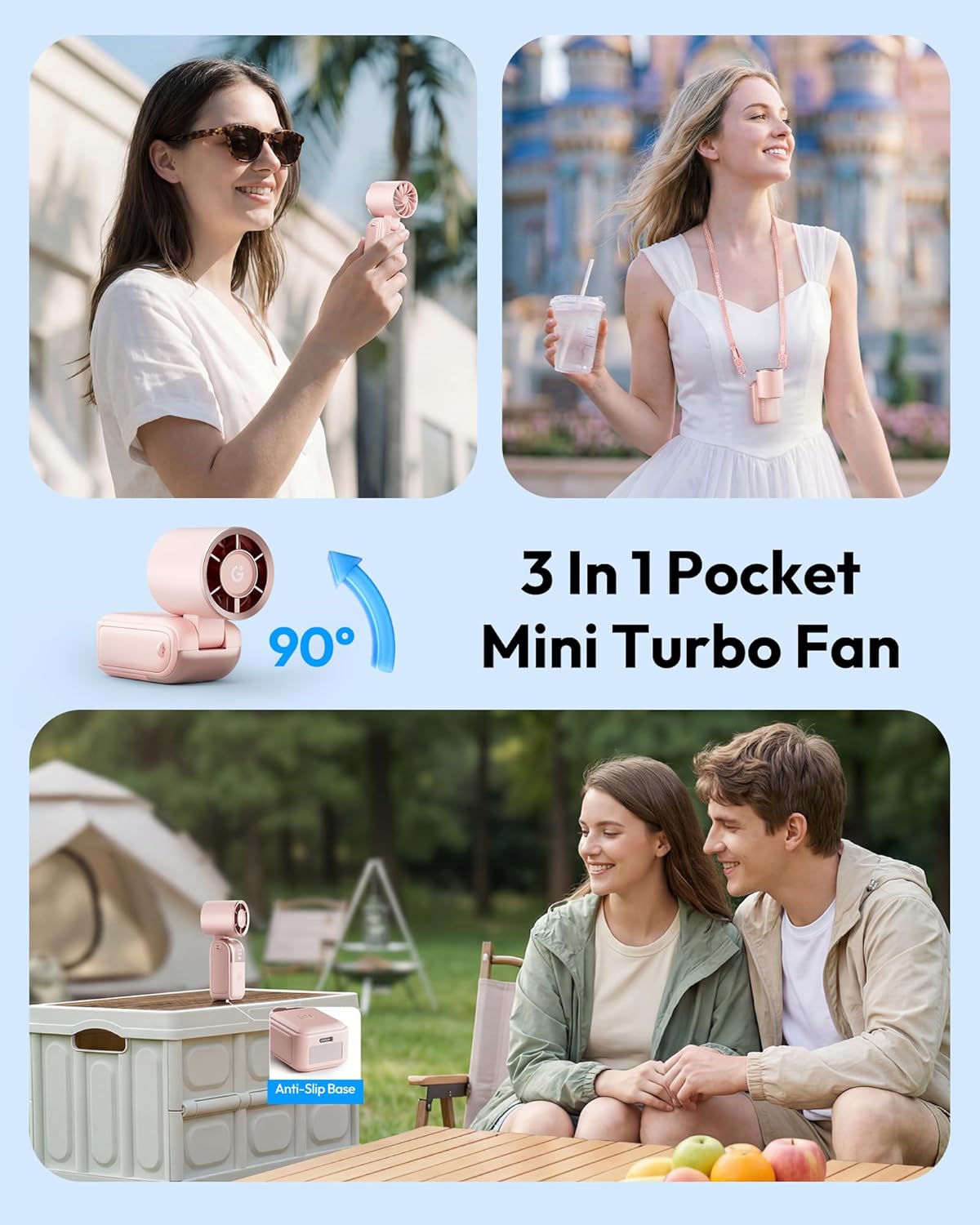 Gaiatop Mini Portable Handheld Fan, 6-Speed Turbo Cooling, Max 15 Hrs Rechargeable Personal Pocket Fan, 3-in-1 Foldable Small Hand Fans for Outdoor Camping Travel Essentials, Gifts for Women Men, Pink