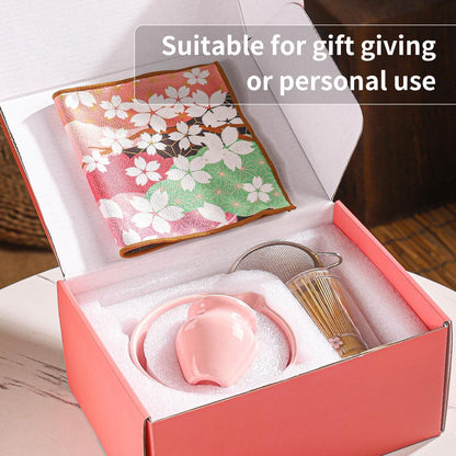 8-Piece Matcha Ceremony Set - Tea Kit with Cherry Blossom Bowl, Bamboo Whisk, Wood Scoops, Tea Cloth & Floral Display - Gift-Ready Pink Cherry color box (pink)