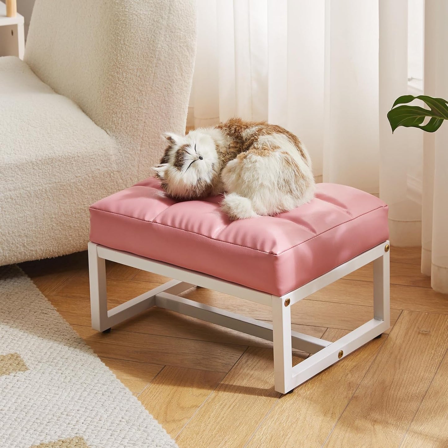 Aibiju Small Footstool, Rectangle Ottoman with Faux Leather Padded Seat, Change Shoes Bench, Sofa Footrest Extra Seating for Living Room Entryway Office, Pink YD-JD139P