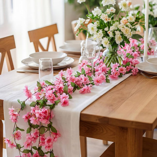 Nuenen 12 Pcs 92.5 FT Artificial Cherry Blossom Flower Vines Bulk Faux Cherry Hanging Garland Pink Flower Vines Silk Flowers Garland with Green Leaves for Party Decor (Rose Red)
