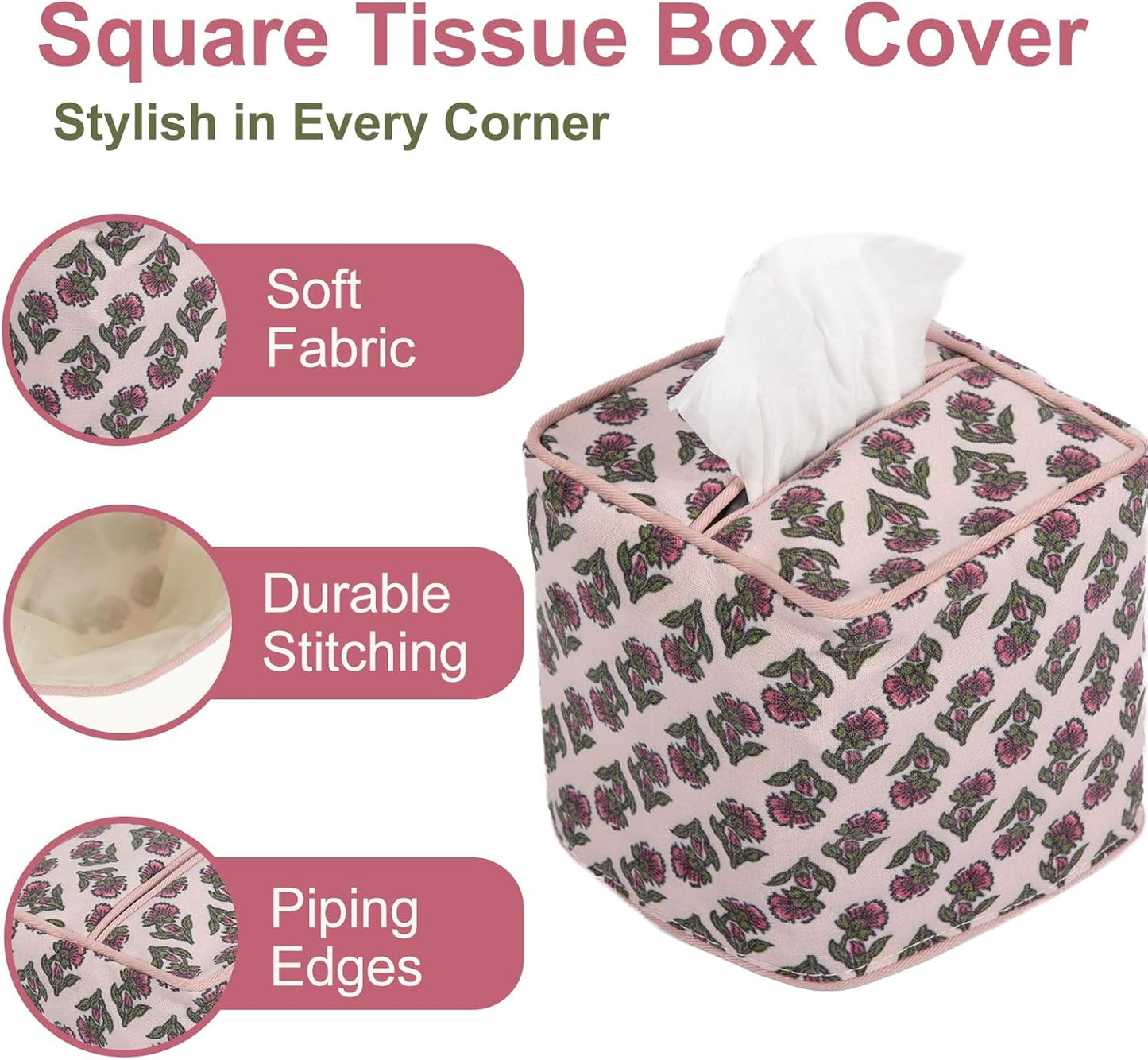 3Pcs Pink Flower Cotton Tissue Box Cover Hand Block Printed 5" x 5" x 5.5" Square Soft Reusable Floral Napkin Holder for Home Kitchen Dining Bathroom Office Cafe (Pink)