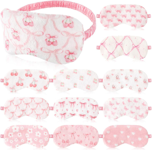 Honeydak 12 Pcs Silk Sleep Masks for Women Girls Bow Party Favors Adjustable Eye Masks for Birthday Sleepover Spa Sweet 16 Party Gifts (Pink,Warm)