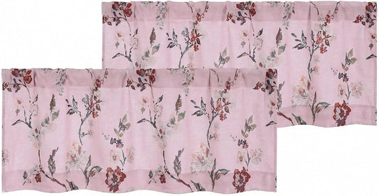 OWENIE Printed Floral Valances for Windows - Light Filtering Elegant Faux Linen Textured Flower Printed Window Valance, Small Curtains for Bedroom Living Room Basement, Each 52Wx 14L, 2 PCS, Pink