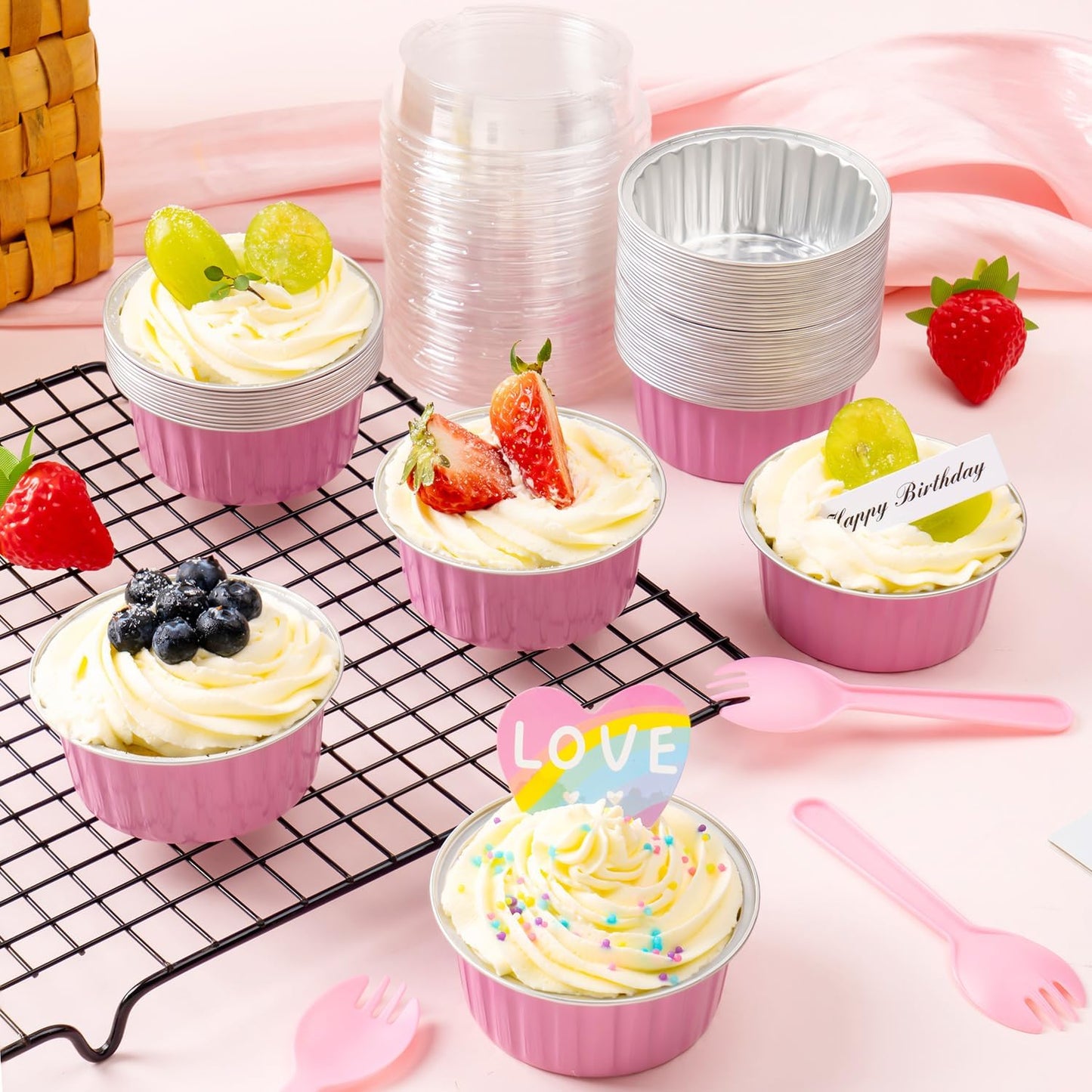 60Pcs Mini Loaf Pans with Lids and Spoons, Aluminum Foil Baking Pans, Round Mini Cake Pan, Brownie Baking Cups for Picnics Party (Pink)