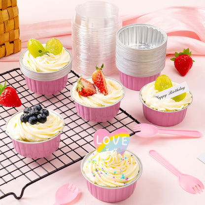 60Pcs Mini Loaf Pans with Lids and Spoons, Aluminum Foil Baking Pans, Round Mini Cake Pan, Brownie Baking Cups for Picnics Party (Pink)