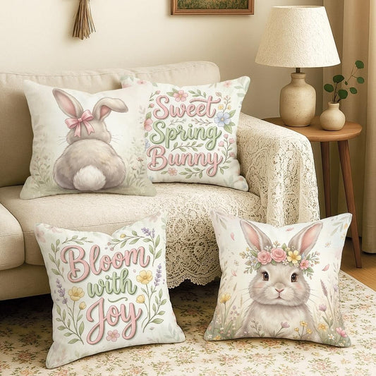 Bunny Throw Pillow Covers Set of 4, Spring Fanciful Flowers Bow Spring Pastel Peach Soft Velvet Washable Cover Decorative Pillows for Home Living Room Bedroom Dorm Couch Decor 16x16 Inch
