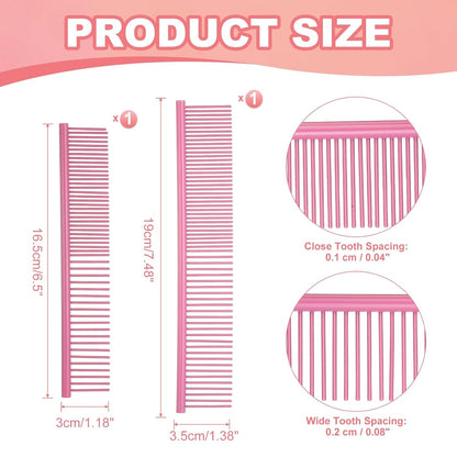Dog Cat Comb, Pet Combs Stainless Steel Teeth with Rounded Ends for Knots Mats Loose Hair Removal, 6.5/7.5IN (Pink Coated, 2 Pack), Grooming Tool Intended for Long Curly Hair Pet