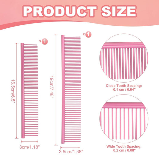Dog Cat Comb, Pet Combs Stainless Steel Teeth with Rounded Ends for Knots Mats Loose Hair Removal, 6.5/7.5IN (Pink Coated, 2 Pack), Grooming Tool Intended for Long Curly Hair Pet