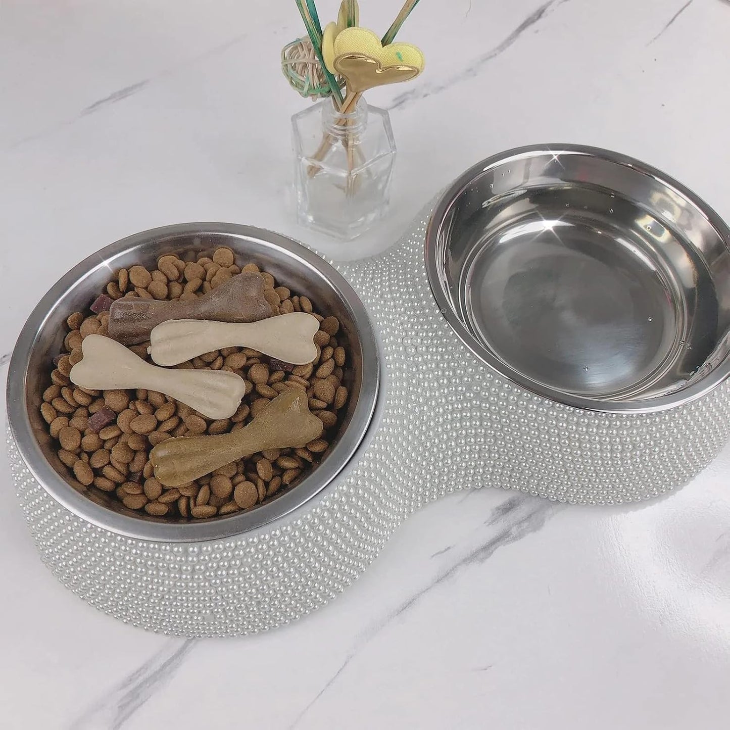 SAVORI Small Cat Bowls Pink, 320ML Handmade Bling Rhinestones Stainless Steel Pet Bowls Removable Double Food Water Feeder for Puppy Cats Dogs