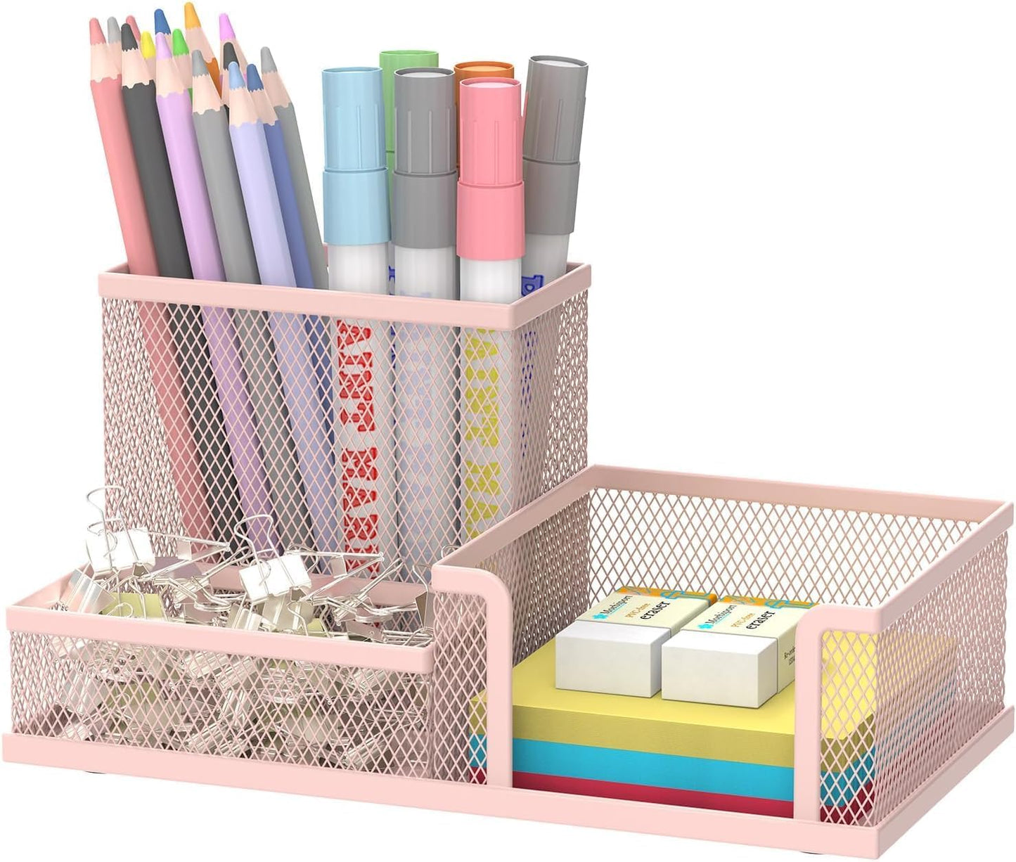 LIGHT PINK 3 Compartment Metal Mesh Desk Organizer