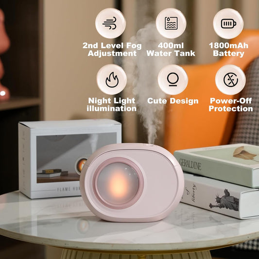 Humidifier for Bedroom, 400ml Desktop Fog Humidifiers, Essential Oil Diffuser with Dynamic Candlelight Flame Lamp, Suitable for Home, Travel & Plant Intelligent Anti Dry Burning Humidifier (Pink)