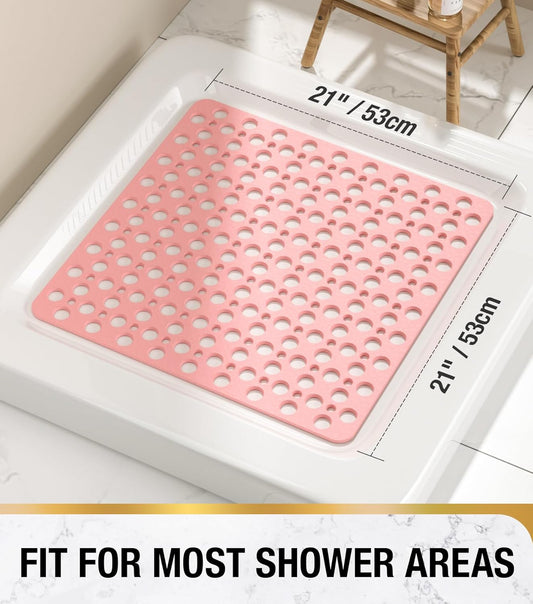 HITSLAM Shower Mat Anti Slip, 21x21 Inch No Odor Soft TPE Bathroom Shower Stall Floor Mat, Square Bath Mat for Tub Non Slip with Suction Cups and Drain Holes, Machine Washable, Soft on Feet, Pink