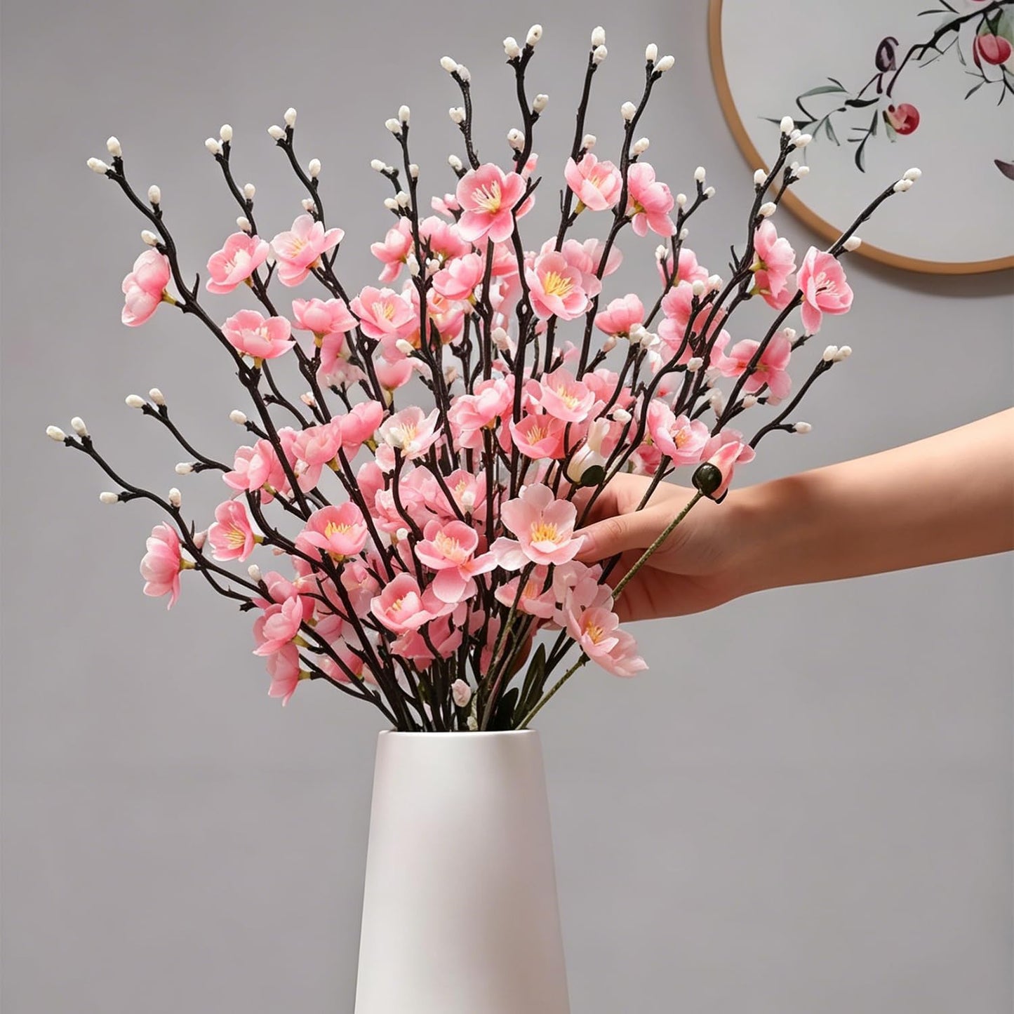 Artificial Cherry Flowers Branches 15PCS Silk Cherry Blossom Tree Stems Faux Cherry Flowers Vase Arrangements for Home Indoor Decoration Vase Table Living Room Bedroom Spring Decor (Pink)