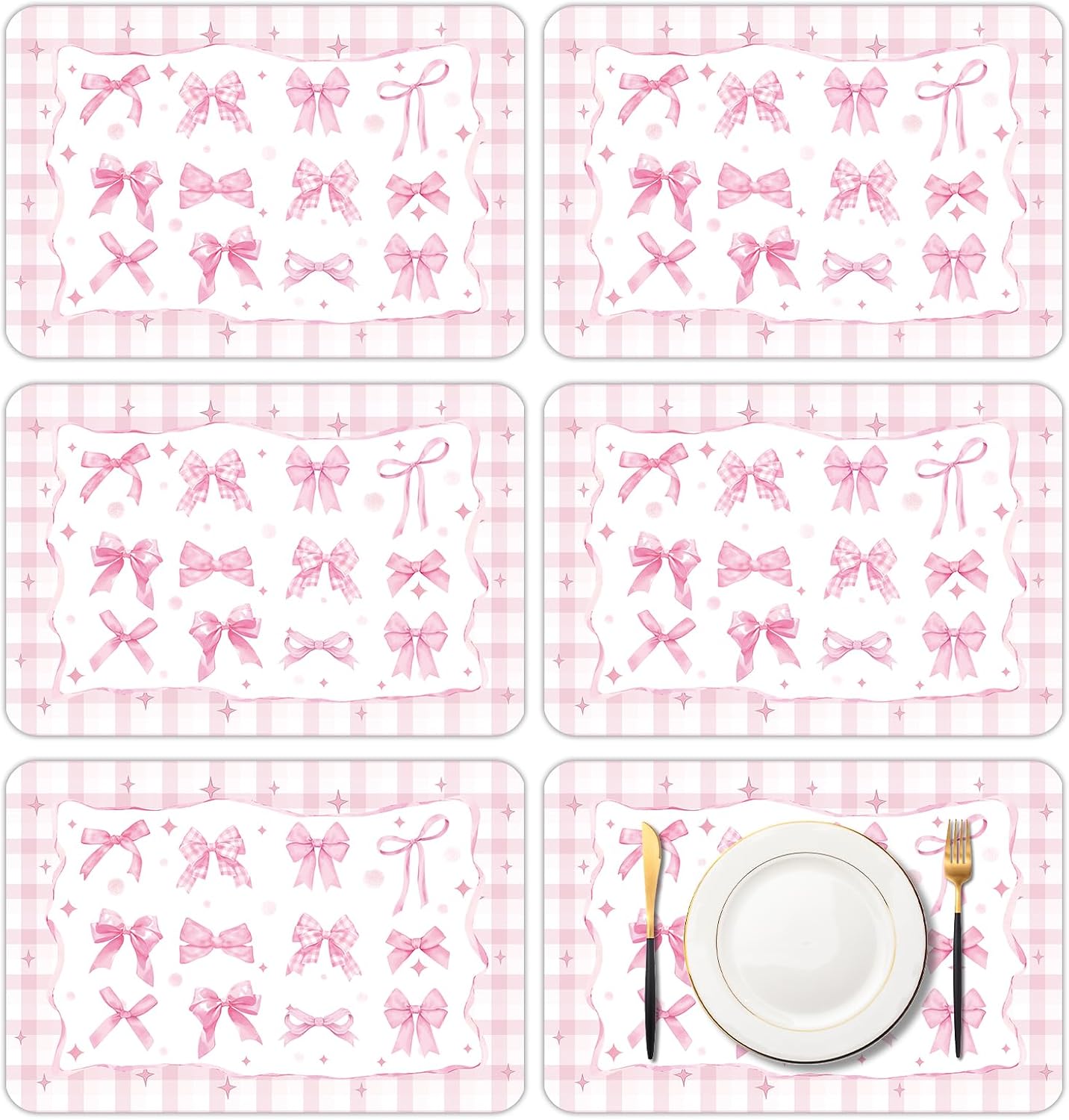 6 Pcs Pink Bow Plastic Placemats, 11x16 Inch Summer Cute Plaid Bow Placemats Seasonal Washable Table Mats for Wedding Baby Shower Birthday Party Kitchen Dining Decoration