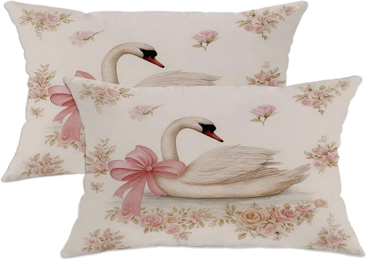 Vintage Throw Pillow Covers Set of 2, Soft White Swan with Pink Bow and Floral Print Cushion Cases, Spring Decorative Square Chic Home Decor for Sofa Bed Couch 20x12 Inch