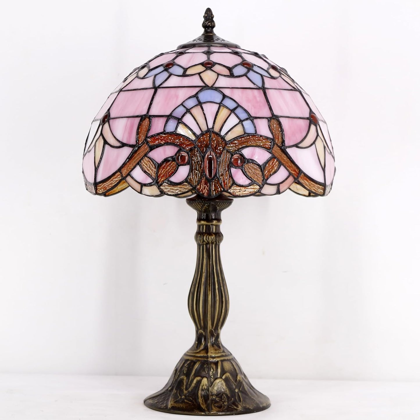 WERFACTORY Tiffany Lamp Stained Glass Table Lamp 12X12X18 Inch Pink Baroque Style Lavender Bedside Reading Desk Light Decor Bedroom Living Room Home Office S003P Series