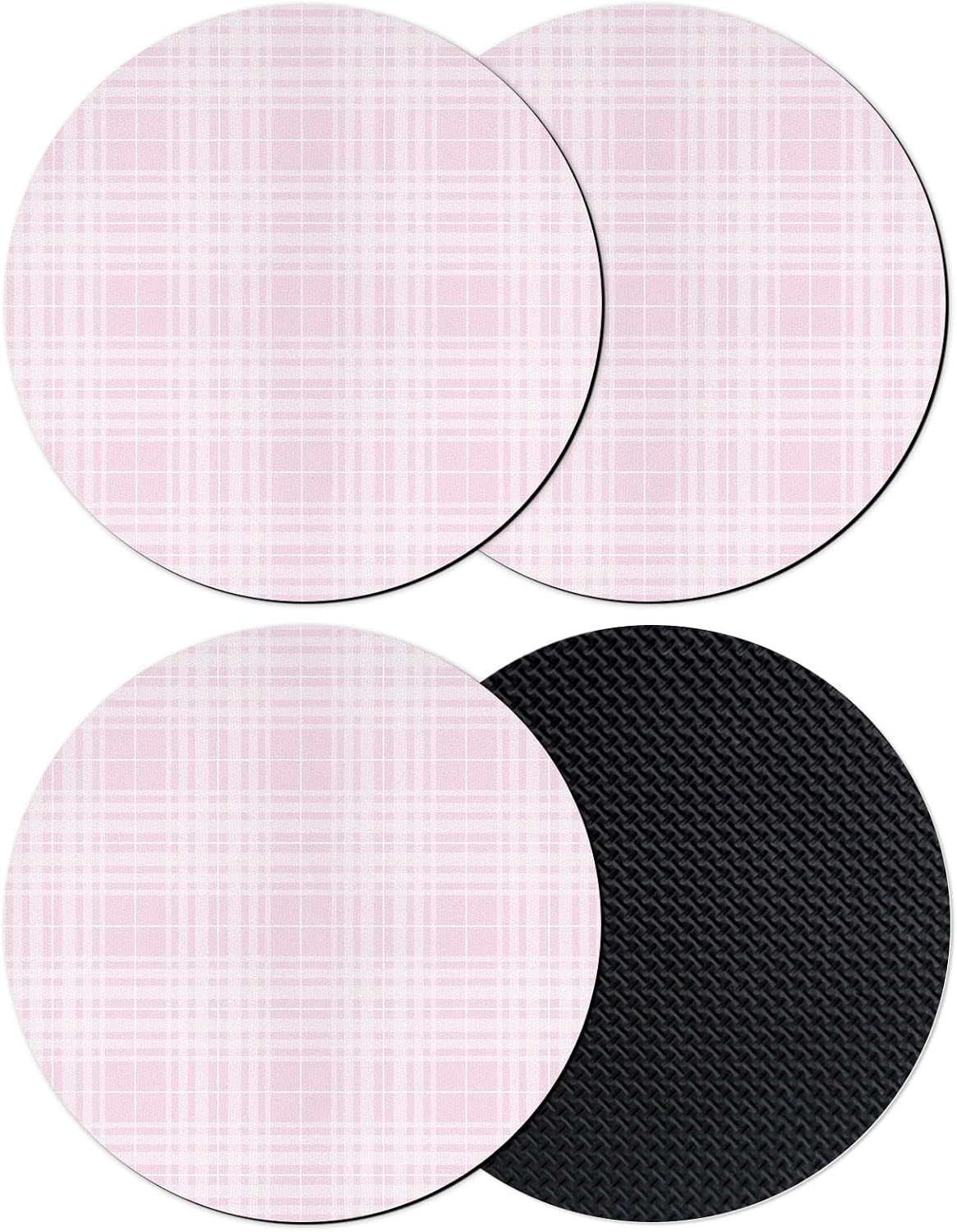 Buffalo Plaid Coasters Set of 4, Absorbent Coasters for Drinks, Pale Pink Farmhouse Gingham Striped Coaster for Bar Office Dining Coffee Table Accessories Decor, Non Slip Round Desk Coaster