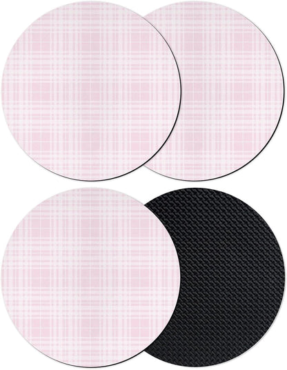 Buffalo Plaid Coasters Set of 4, Absorbent Coasters for Drinks, Pale Pink Farmhouse Gingham Striped Coaster for Bar Office Dining Coffee Table Accessories Decor, Non Slip Round Desk Coaster