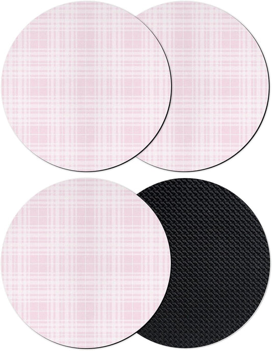 Buffalo Plaid Coasters Set of 4, Absorbent Coasters for Drinks, Pale Pink Farmhouse Gingham Striped Coaster for Bar Office Dining Coffee Table Accessories Decor, Non Slip Round Desk Coaster