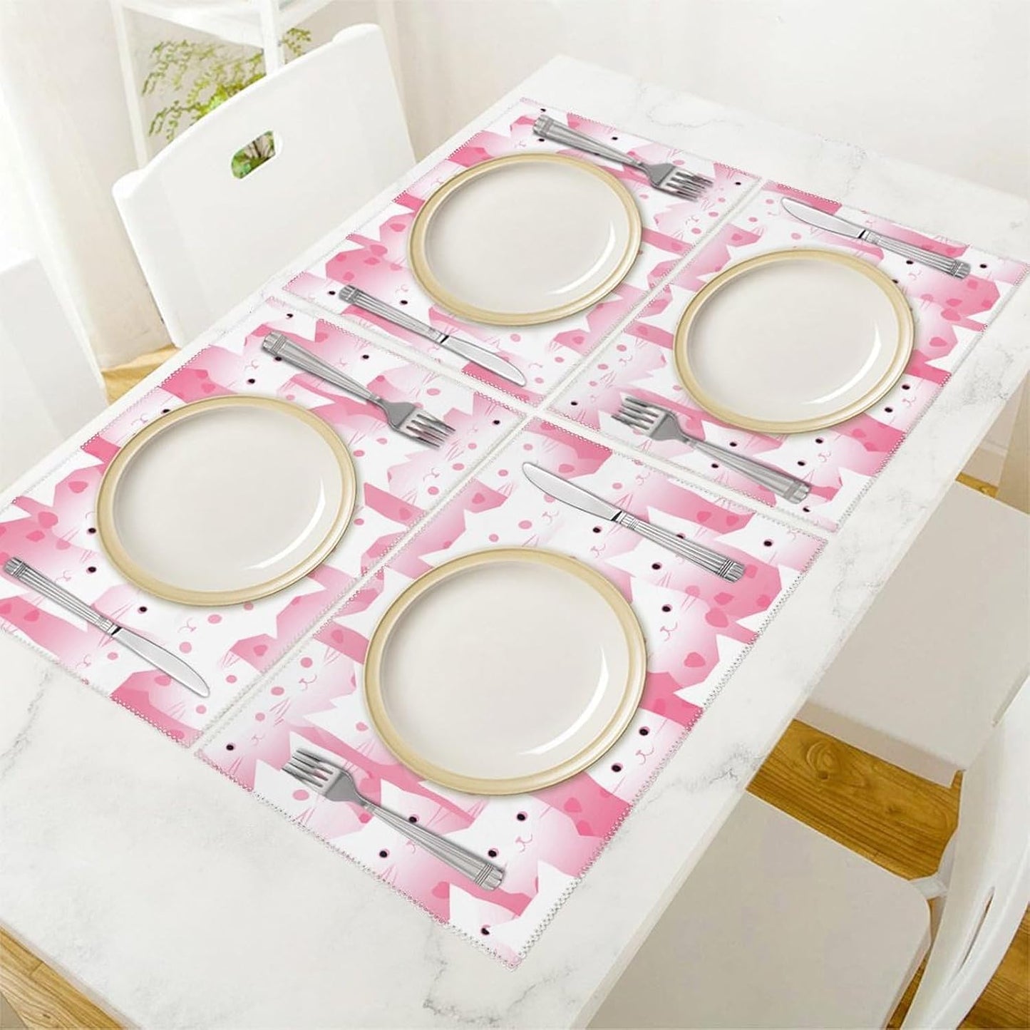 Peach Cat Pattern Placemats Set of 4 - Non-Slip Heat Resistant Place Mats Farmhouse Rustic Table Mats Reusable Hard Canvas Placemat for Dining, Kitchen, Party Indoor/Outdoor Decoration