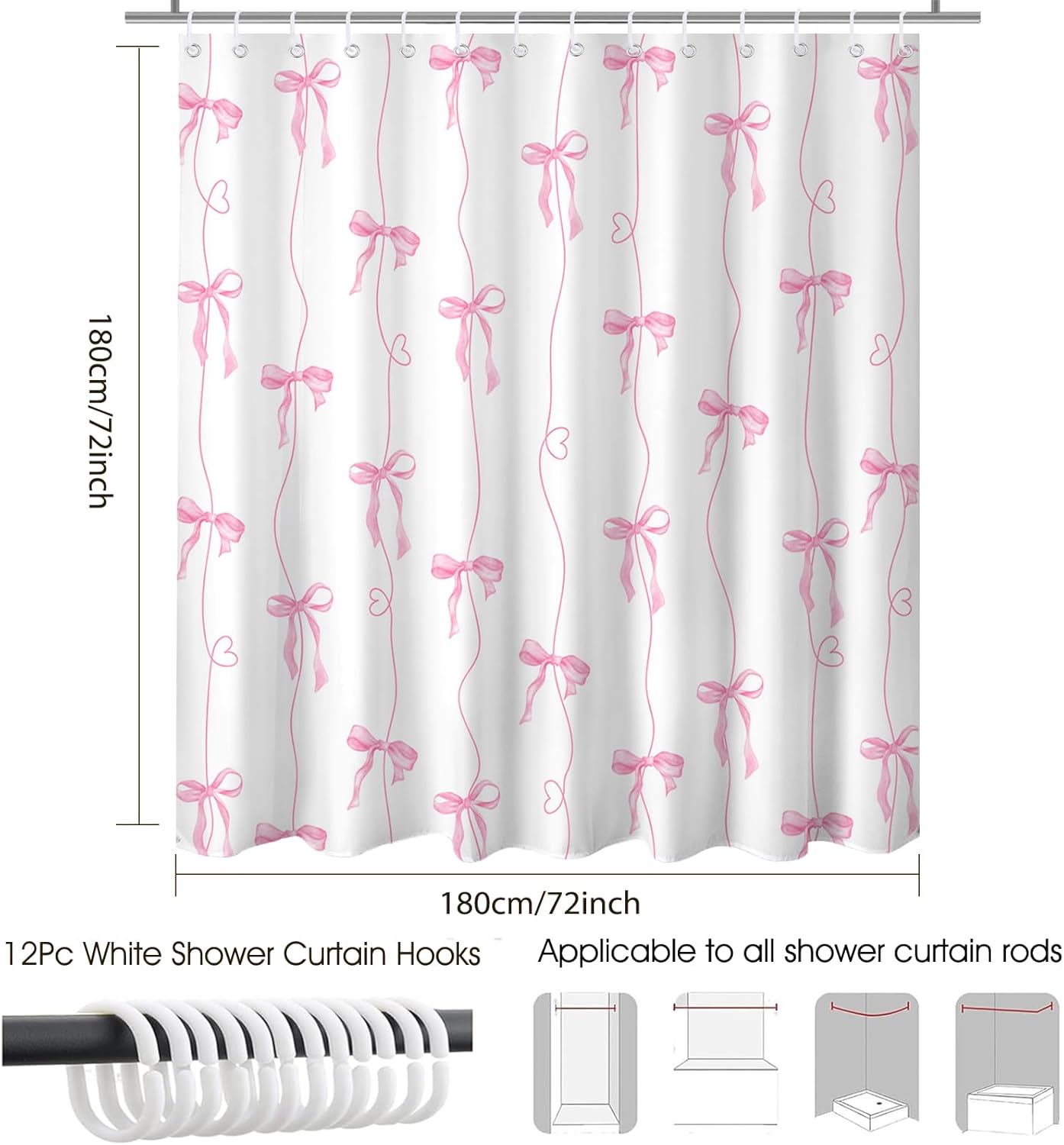 Mocsicka Pink Bow Shower Curtain for Bathroom, Coquette Cute Shower Curtain for Girls Women Waterproof Fabric Bow Bathroom Decor Bath Curtain with 12 Hooks, 72 X 72 Inch