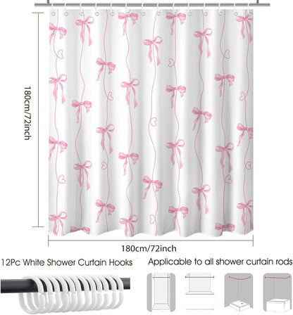 Mocsicka Pink Bow Shower Curtain for Bathroom, Coquette Cute Shower Curtain for Girls Women Waterproof Fabric Bow Bathroom Decor Bath Curtain with 12 Hooks, 72 X 72 Inch