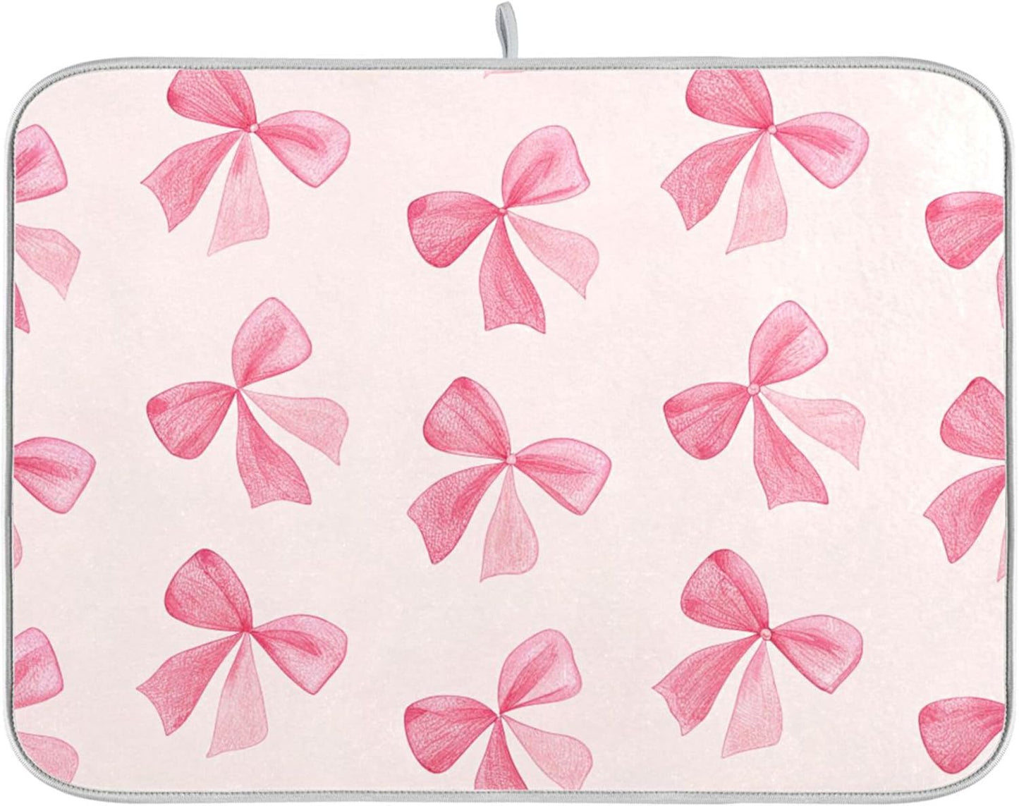 Pink Bow Dish Drying Mat for Kitchen Counter, Super Absorbent Non Slip Dish Drainer Rack Pad for Countertops, 16 x 18 Inch