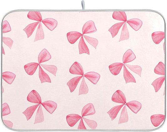 Pink Bow Dish Drying Mat for Kitchen Counter, Super Absorbent Non Slip Dish Drainer Rack Pad for Countertops, 16 x 18 Inch