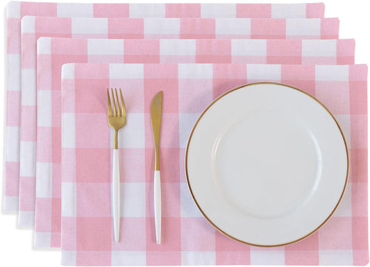 Pink & White Placemats Cotton Buffalo Check Gingham Farmhouse Set of 4 Heat Resistant 2 Side Dining Table Place Mats for Kitchen Table, 12 x 18 inches