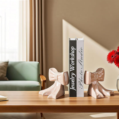 1 Pair Ceramic Bow Bookends Glossy Finish Desk Decor with Non-Slip Base, 4.3x3.5x4.3 Inch Shelf Organizers for Home/Dorm/Office (Pink)