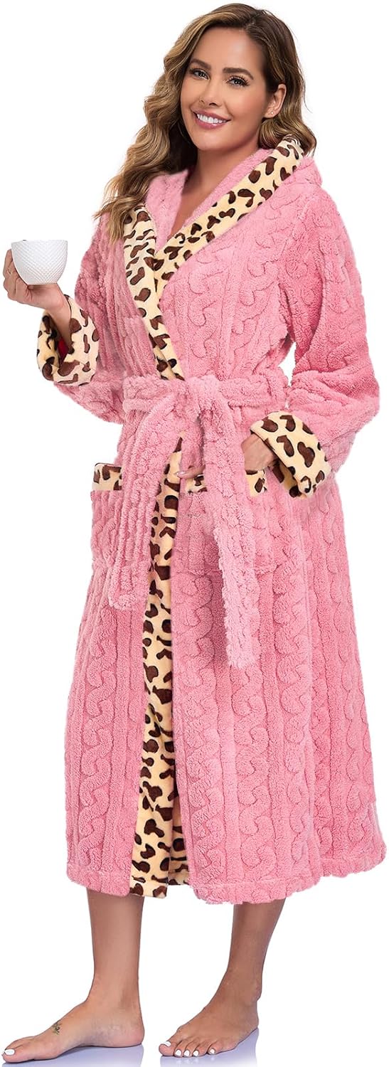 RONGTAI Womens Robe Soft Fuzzy Fleece Long Bathrobe Leopard Print Housecoat with Pockets & Belt S-XXL