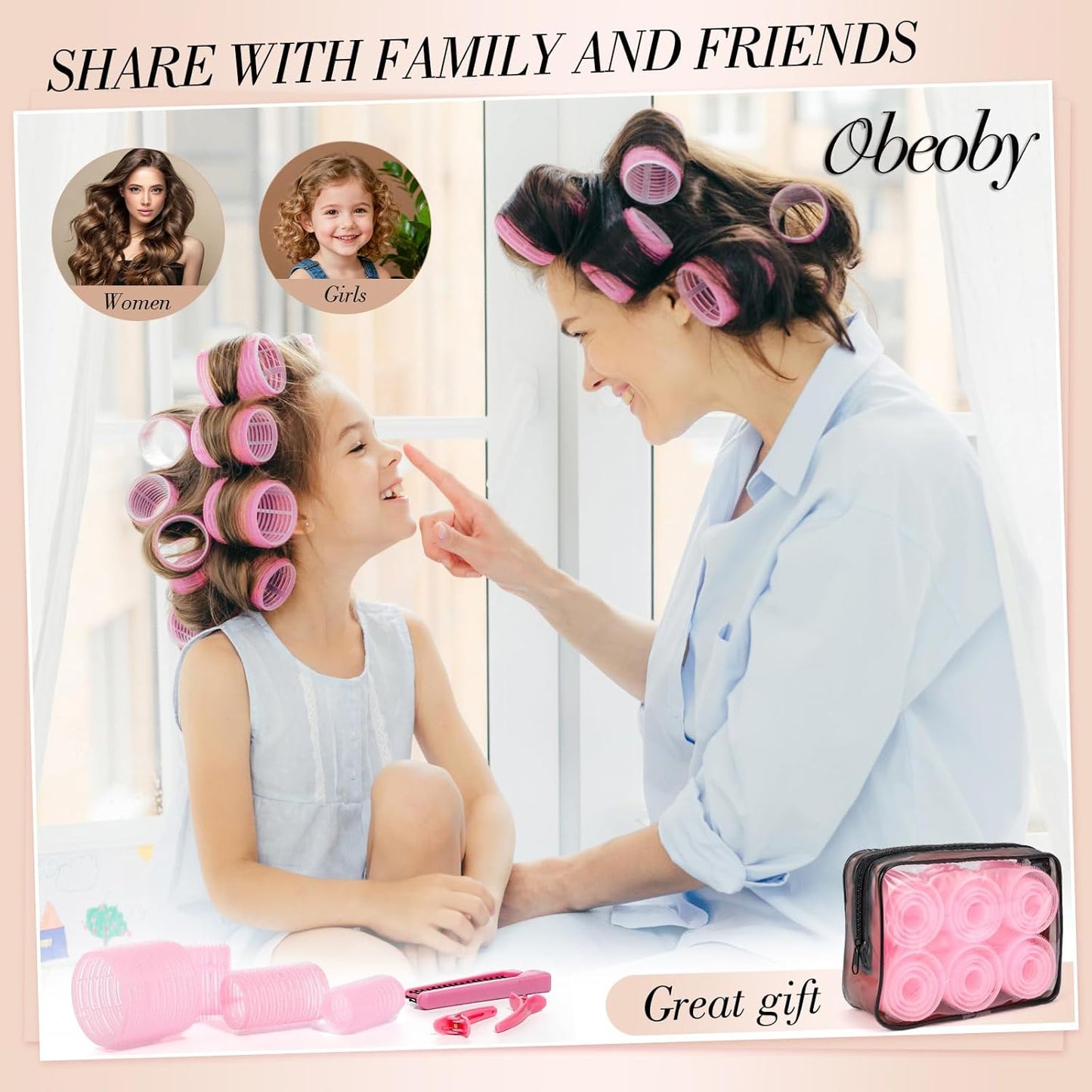 Obeoby 4 Sizes Hair Rollers for Women, Hair Curlers with Clips Comb Curlers for Long Short Curly Hair and Bangs (25, 36, 48, 60mm), Pink Mothers Day Birthday Gifts