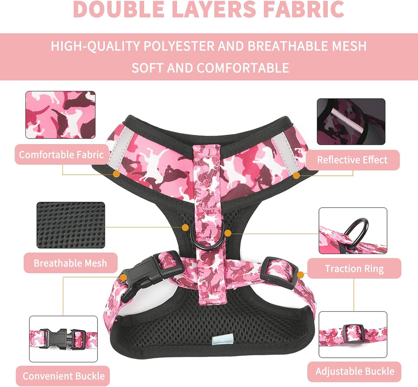 Dog Harness and Leash Set for Small Dogs, Adjustable Reflective No Pull Dog Vest Harness for Puppy with Bow-tie Collar, Leash and Poop Bag (L, Pink Camouflage)