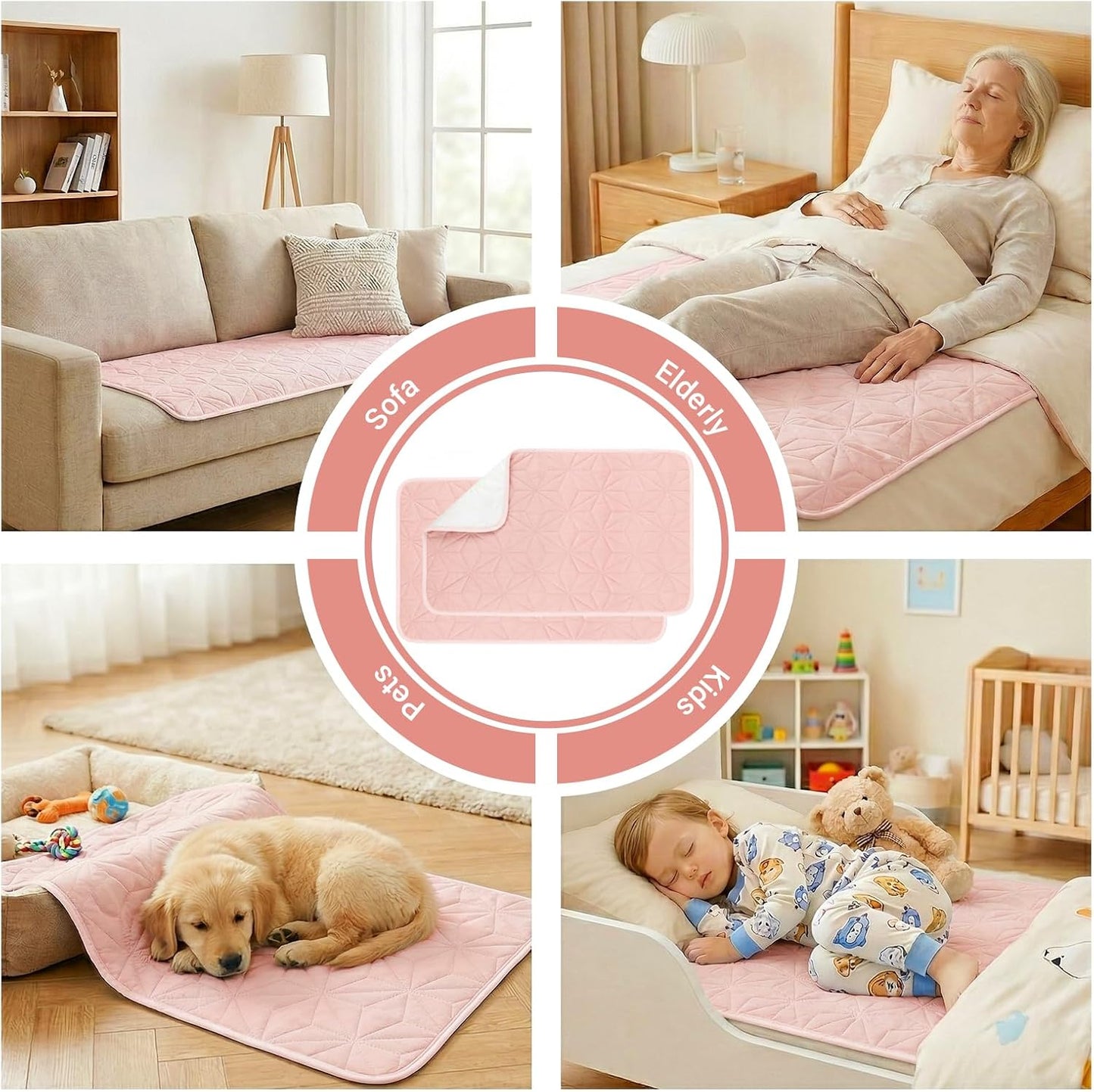 2 Pack Washable Underpads 34"x52", Waterproof Reusable Bed Pads Quilted Absorbency Incontinence Bedwetting Mattress Protector for Sofa & Couch, Perfect for Kids, Adults, Elderly and Pets, Pink