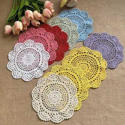 Handmade Lace Crochet Round Placemats and Cup Coasters Set, 20 cm Blended Fabric, Elegant Table Decor for Christmas, Tea Parties, Brunches and Festive Gatherings, 10 Pieces(Pink)