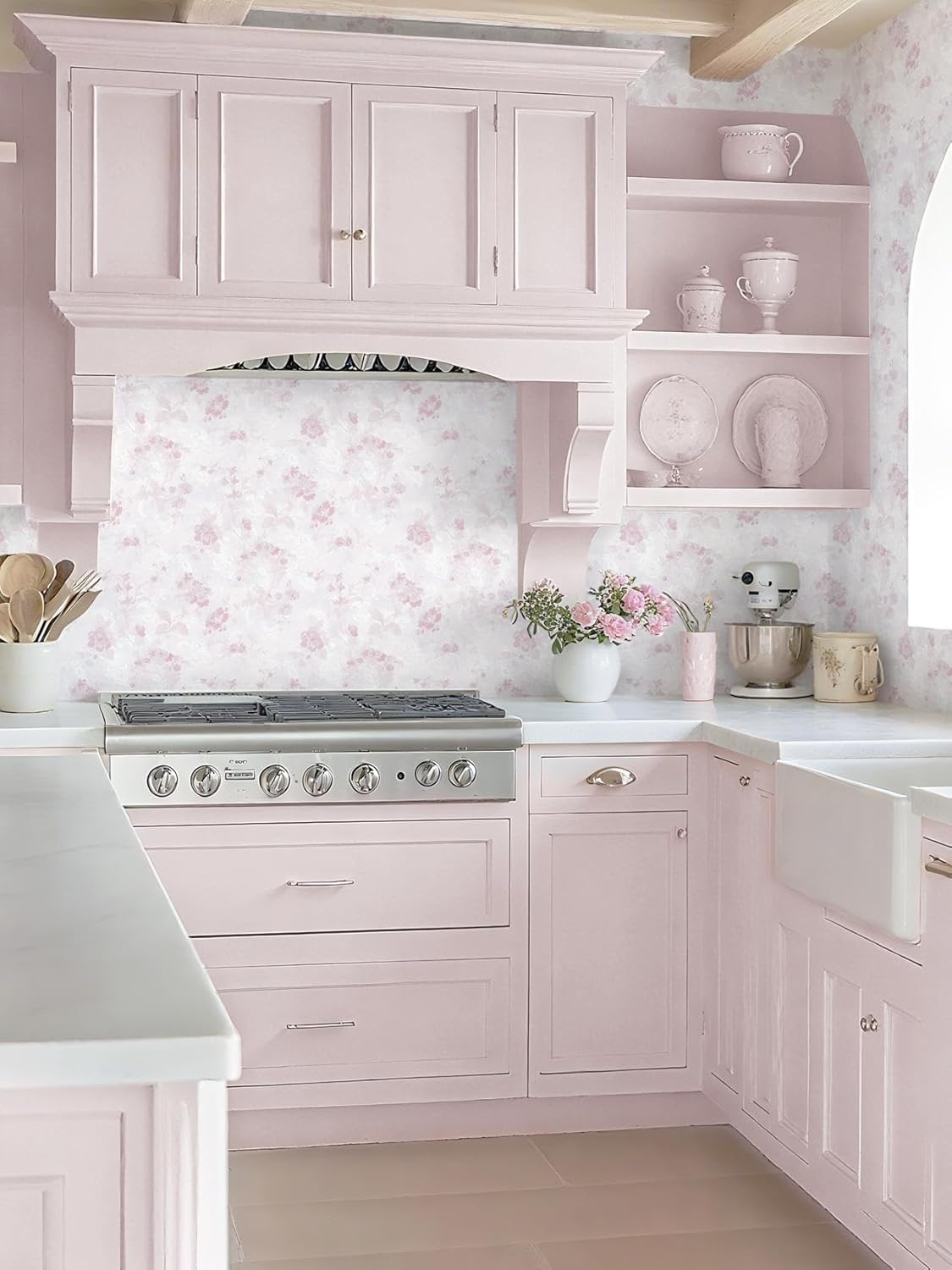 Dimoon 78.7"x17.3" Pink Wallpaper Floral Contact Paper Peel and Stick Wallpaper White Vintage French Country Renter Friendly Bathroom Boho Flower Removable Wall Paper Kitchen Self Adhesive Vinyl Roll