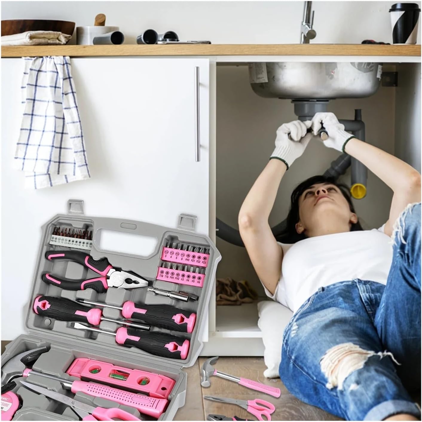 Household Repair Tool Kit Multipurpose Pink Home Hand Tool Set With Storage Case Dur Able Hammer And Screwdriver Set